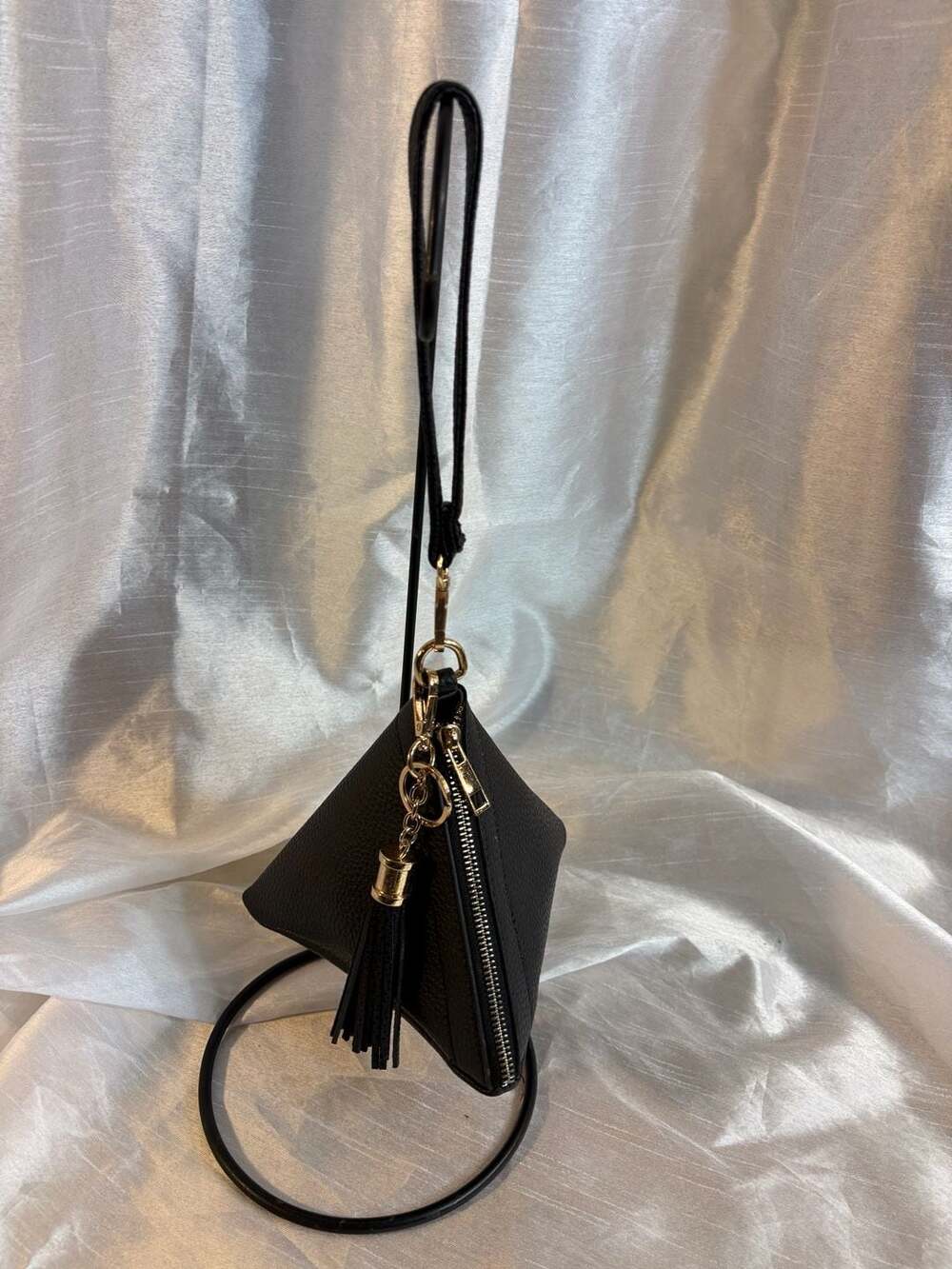 Unbranded Black Faux Leather Triangle Wristlet Pouch with Tassel